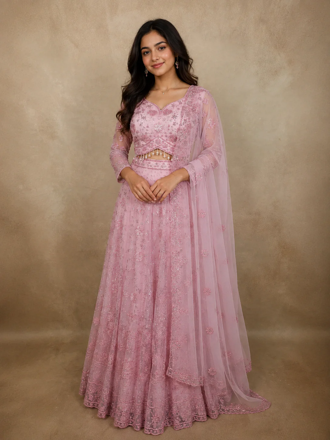 Blush Pastel Pink Floral Beads Embellished Design Net Lehenga With Net Dupatta